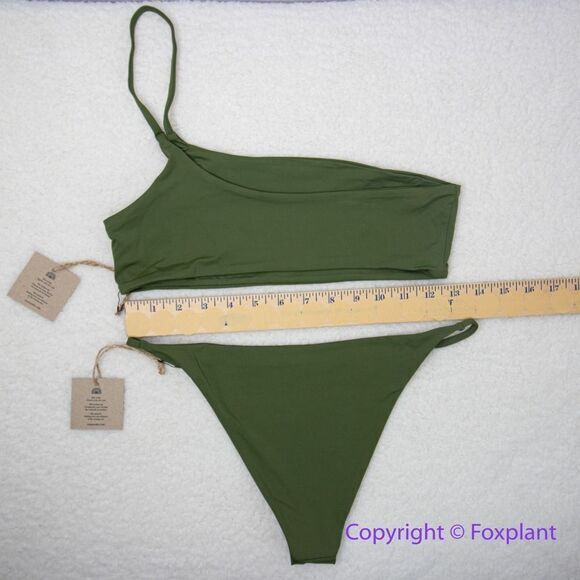 New! Set! Toast‎ Signature One-Shoulder Bikini Top, String Bottom, dark green, L - Picture 7 of 11